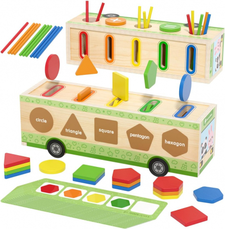 Jucării din lemn - Camion din lemn multifunctional joc aritmetic, sortare forme si culori Multifunctional coin truck