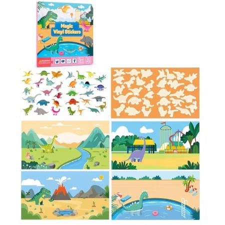 Jucării copii 4-5 ani - Carte cu stickere reutilizabile dinozauri Magic Vinyl Stickers