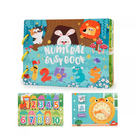 CĂRȚI - Carte de activitati Montessori cu carduri reutilizabile cu arici litere, numere si forme geometrice Numeral busy book