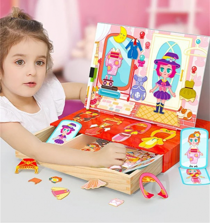 Jocuri Educative - Carte magnetica din lemn Imbraca fata Little girl changes clothes puzzle