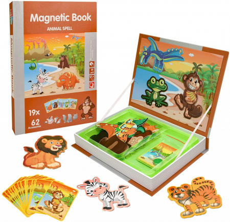 Jucării creative - Carte magnetică puzzle ANIMALE IN JUNGLA- Magnetic Book animal spell