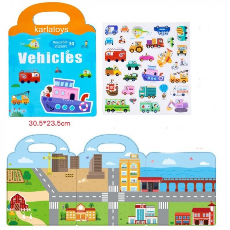 Jucării creative - Carte magnetica tip gentuta cu 30 de stickere reutilizabile vehicule