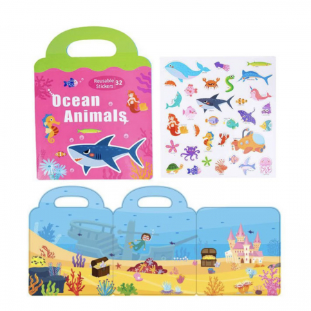 Jucării creative - Carte magnetica tip gentuta cu 32 de stickere reutilizabile animale din ocean