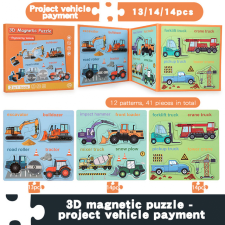 PROMOŢII - Carte Puzzle magnetic 3D 3 in 1 utilaje de constructii