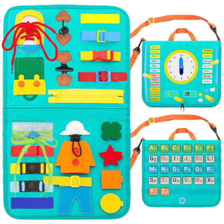 Jucării - Carte senzoriala educativa Montessori pentru dezvoltarea abilitatilor motorii model calendar turquoise 4 pagini
