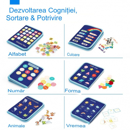 Carte senzoriala educativa Montessori pentru dezvoltarea abilitatilor motorii model dinozauri albastru 8 pagini [4]