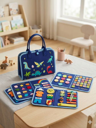 Carte senzoriala educativa Montessori pentru dezvoltarea abilitatilor motorii model dinozauri albastru 8 pagini [1]