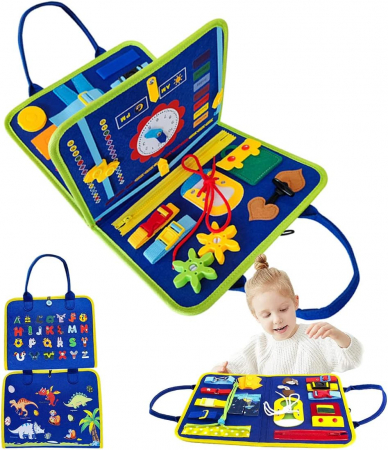 Carte senzoriala educativa Montessori pentru dezvoltarea abilitatilor motorii model dinozauri/litere albastru [1]