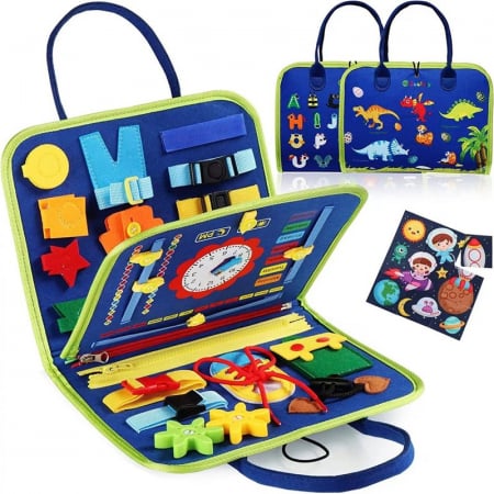 Jucării bebe - Carte senzoriala educativa Montessori pentru dezvoltarea abilitatilor motorii model dinozauri/litere albastru