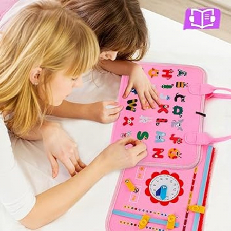 Carte senzoriala educativa Montessori pentru dezvoltarea abilitatilor motorii model sirene/litere roz [2]