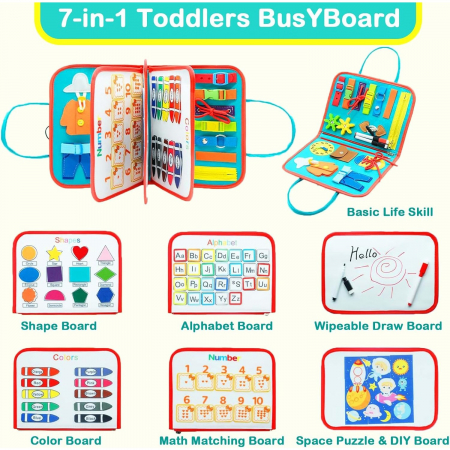 Carte senzoriala educativa Montessori pentru dezvoltarea abilitatilor motorii model Spatiu Cosmic albastru si rosu 8 pagini [4]