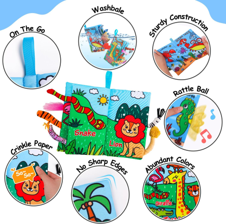 Carte textila senzoriala pentru bebelusi cu pagini fosnaitoare si zornaitoare model animale marine [2]