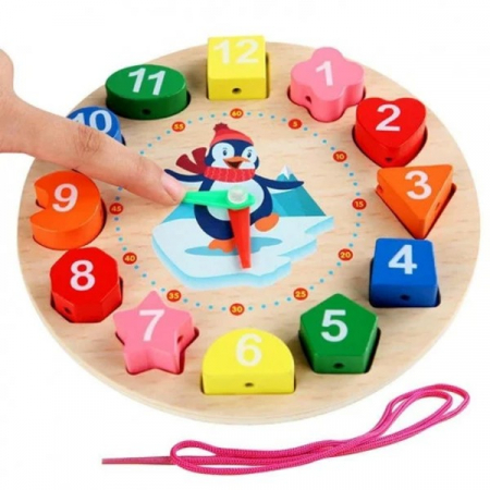 Jocuri Educative - Ceas puzzle din lemn Montessori și jucărie de înșiruit pinguin Digital Geometry clock