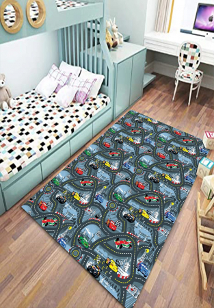 COVOARE CAMERA COPII - Covor moale antiderapant model circuit masinute de curse culoare bleumarin 120 x 180 cm