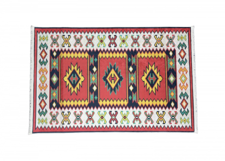 Covor moale antiderapant model traditional bej si rosu caramiziu cu motive colorate 120 x 180 cm [1]