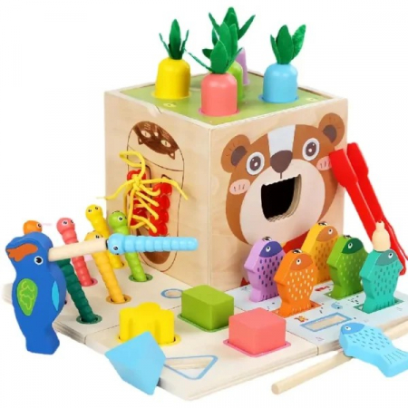 Jucării de îndemânare - Cub de activitati 8 in 1 din lemn Montessori busy box