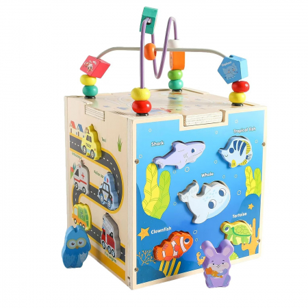 Jucării din lemn - Cub de activitati din lemn potriveste formele si spirala cu margele