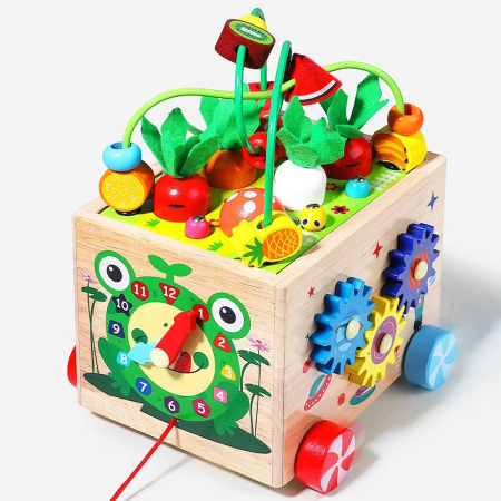 Jucării din lemn - Cub Montessori din lemn pe roti cu activitati educative 18 luni+