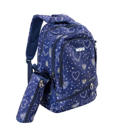 IDEI DE CADOURI - Ghiozdan scoala bleumarin cu inimioare, 4 compartimente si penar, Mesco 44 x 32 x 16 cm