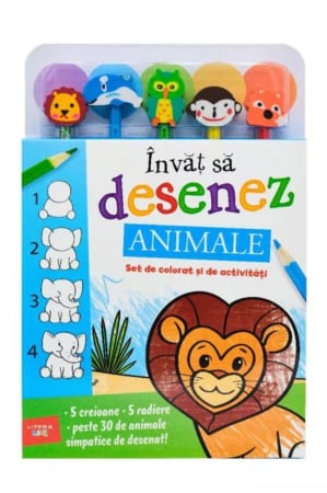 Cărţi de colorat - Invat sa desenez. Animale. Set de colorat si de activitati (contine 5 creioane si 5 radiere)