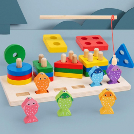PROMOŢII - Joc 2 în 1 de tip Montessori - Sortator cu 4 forme geometrice şi pescuit magnetic - Geometric column fishing two in one
