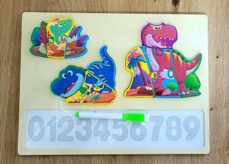 Jocuri Educative - Joc 2 in 1 din lemn Puzzle evolutia speciei DINOZAUR + Scrie si sterge cifrele