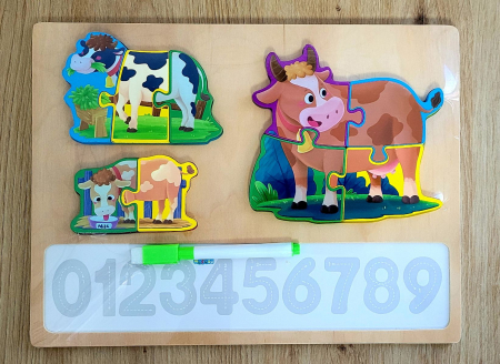 Jocuri Educative - Joc 2 in 1 din lemn Puzzle evolutia speciei VACA + Scrie si sterge cifrele