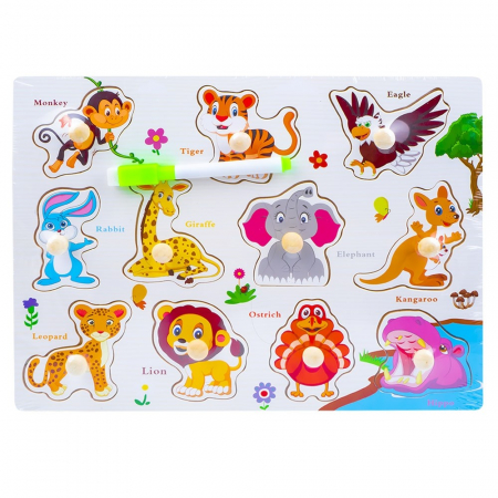 Jocuri Educative - Joc 2 in 1 din lemn puzzle incastru cu butoni si tabla de scris cu carioca lavabila animale din jungla
