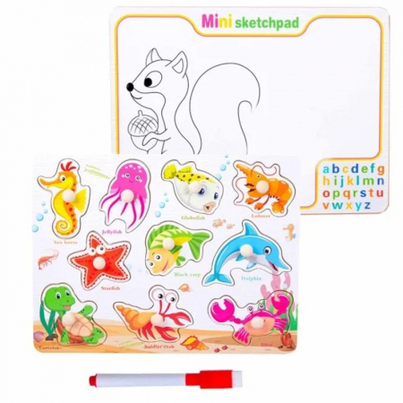 Jocuri Educative - Joc 2 in 1 din lemn puzzle incastru cu butoni si tabla de scris cu carioca lavabila ANIMALE MARINE