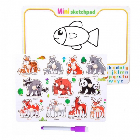 Jocuri Educative - Joc 2 in 1 din lemn puzzle incastru cu butoni si tabla de scris cu carioca lavabila Animale si puii lor