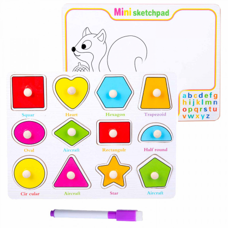 Jocuri Educative - Joc 2 in 1 din lemn puzzle incastru cu butoni si tabla de scris cu carioca lavabila forme geometrice