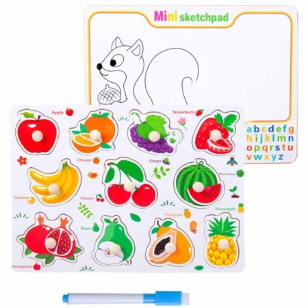 Jocuri Educative - Joc 2 in 1 din lemn puzzle incastru cu butoni si tabla de scris cu carioca lavabila FRUCTE