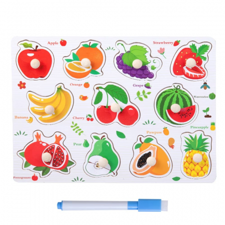 Joc 2 in 1 din lemn puzzle incastru cu butoni si tabla de scris cu carioca lavabila FRUCTE [1]