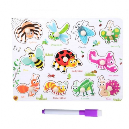 Joc 2 in 1 din lemn puzzle incastru cu butoni si tabla de scris cu carioca lavabila INSECTE [0]