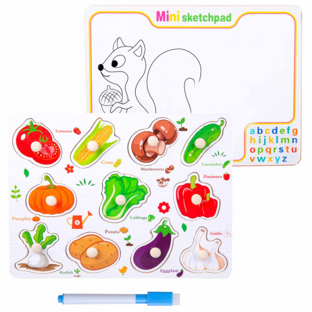 Jocuri Educative - Joc 2 in 1 din lemn puzzle incastru cu butoni si tabla de scris cu carioca lavabila legume