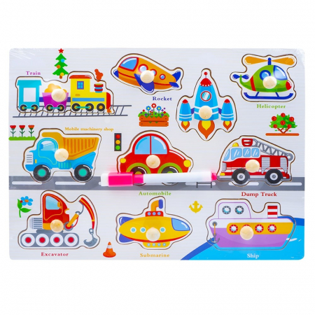 Jocuri Educative - Joc 2 in 1 din lemn puzzle incastru cu butoni si tabla de scris cu carioca lavabila mijloace de transport