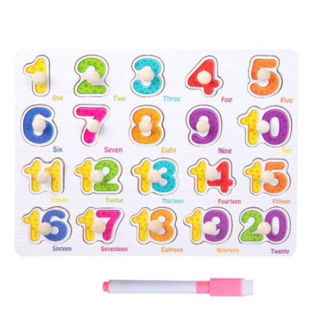 Jocuri Educative - Joc 2 in 1 din lemn puzzle incastru cu butoni si tabla de scris cu carioca lavabila Numere