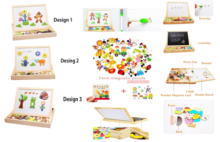 Joc 2 in 1 din lemn puzzle magnetic si tablita de scris si colorat model animale [5]