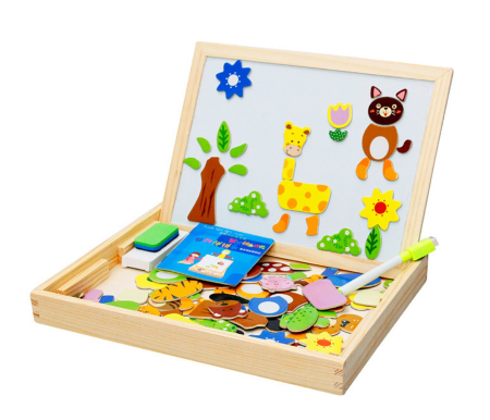 Puzzle - Joc 2 in 1 din lemn puzzle magnetic si tablita de scris si colorat model animale