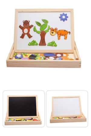 Joc 2 in 1 din lemn puzzle magnetic si tablita de scris si colorat model animale [3]
