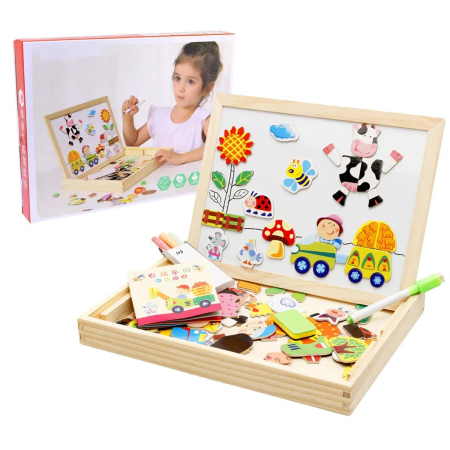 Puzzle - Joc 2 in 1 din lemn puzzle magnetic si tablita de scris si colorat model ferma