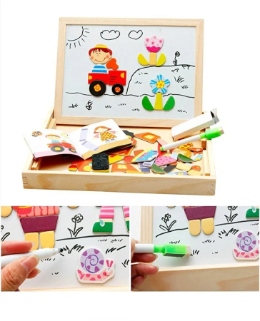 Joc 2 in 1 din lemn puzzle magnetic si tablita de scris si colorat model ferma [2]