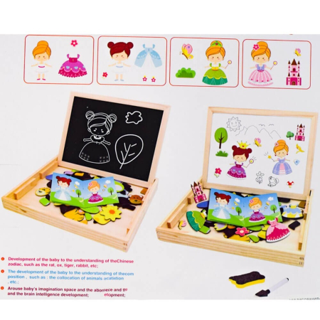 Joc 2 in 1 din lemn puzzle magnetic si tablita de scris si colorat model imbraca printesa [2]