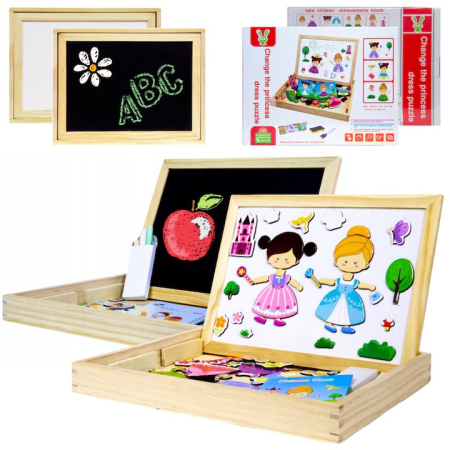 Jucării copii 5-6 ani - Joc 2 in 1 din lemn puzzle magnetic si tablita de scris si colorat model imbraca printesa