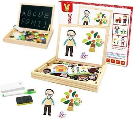Jucării copii 5-6 ani - Joc 2 in 1 din lemn puzzle magnetic si tablita de scris si colorat model persoane si obiecte din natura