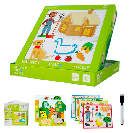 IDEI DE CADOURI - Joc 2 in 1 Puzzle magnetic ferma animalelor si tablita de scris cu carioca lavabila