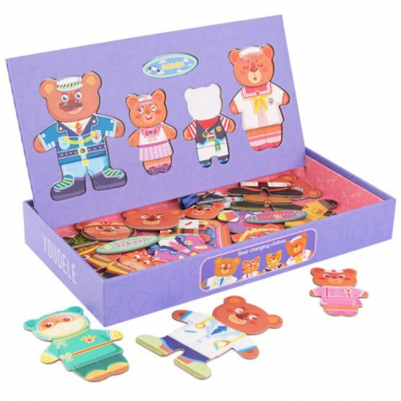 Jucării creative - Joc 2 in 1 Puzzle Magnetic Imbraca Ursuletii si tabla de scris cu carioca lavabila