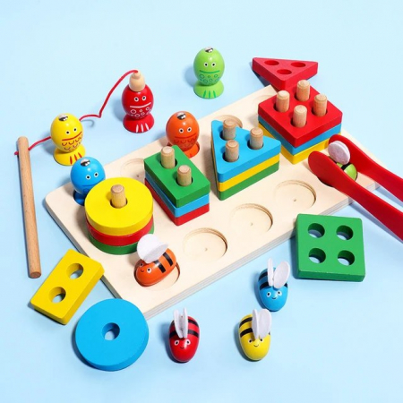 Jucării de îndemânare - Joc 3 în 1 de tip Montessori - Sortator cu 4 forme geometrice, pescuit magnetic, prinde albinuta - Bee Cliping Game