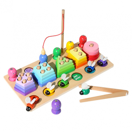 Joc 3 in 1 de tip Montessori - Sortator cu 5 forme geometrice, pescuit magnetic, prinde albinuta [1]