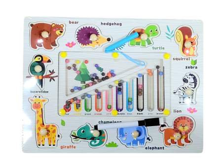 Jucării copii 3-4 ani - Joc 3 in 1 Puzzle incastru din lemn cu butoni, labirint magnetic sortare culori si tablita de scris lavabila diferite modele